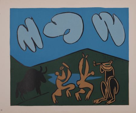 Linoincisione Picasso - Bacchanale au taureau noir, 1962