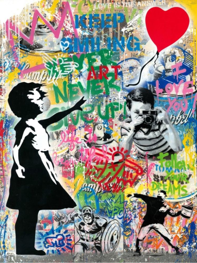 Non Tecnico Mr. Brainwash - Balloon Girl - Banksy Record - Unique Mixed Media Stencil