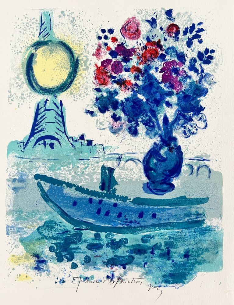 Litografia Chagall - Bateau-Mouche au Bouquet - La Seine