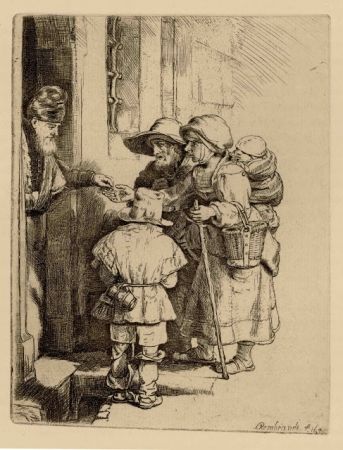 Incisione Rembrandt - Beggars Receiving Alms at the Door of a House