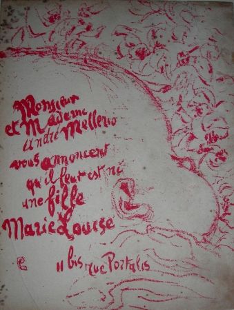 Litografia Bonnard -  Billet de naissance de Marie Louise Mellerio