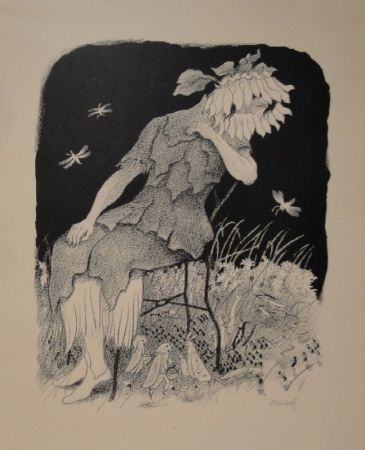 Litografia Kreidolf - Blumenmädchen auf Stuhl sitzend, nach links unten zu Heuschrecken, Ameisen und Faltern blickend.