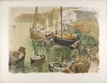 Litografia Clairin - Boats in Harbor, c. 1955 - Hand-signed!