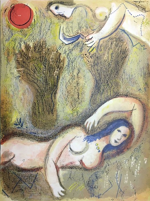 Litografia Chagall - BOOZ SE RÉVEILLE ET VOIT RUTH À SES PIEDS (Dessins pour la Bible 1960)