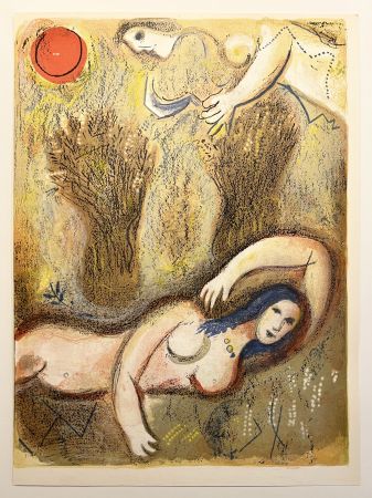 Litografia Chagall - BOOZ SE RÉVEILLE ET VOIT RUTH À SES PIEDS (Dessins pour la Bible 1960)
