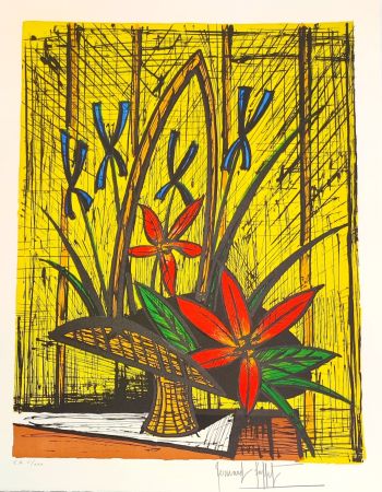 Litografia Buffet - Bouquet aux Iris et fleurs rouges 
