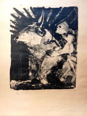 Litografia Garache - Boy Riding a Bull, Rare Hand signed Lithograph, cca 40-50's 