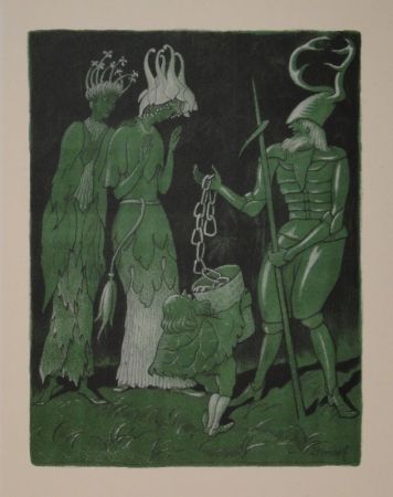 Litografia Kreidolf - Brautwerbung. Käfer-Ritter, von einem Zwerg begleitet, wirbt mit einer Kette um das Akelei- und Rapunzel-Fräulein. 
