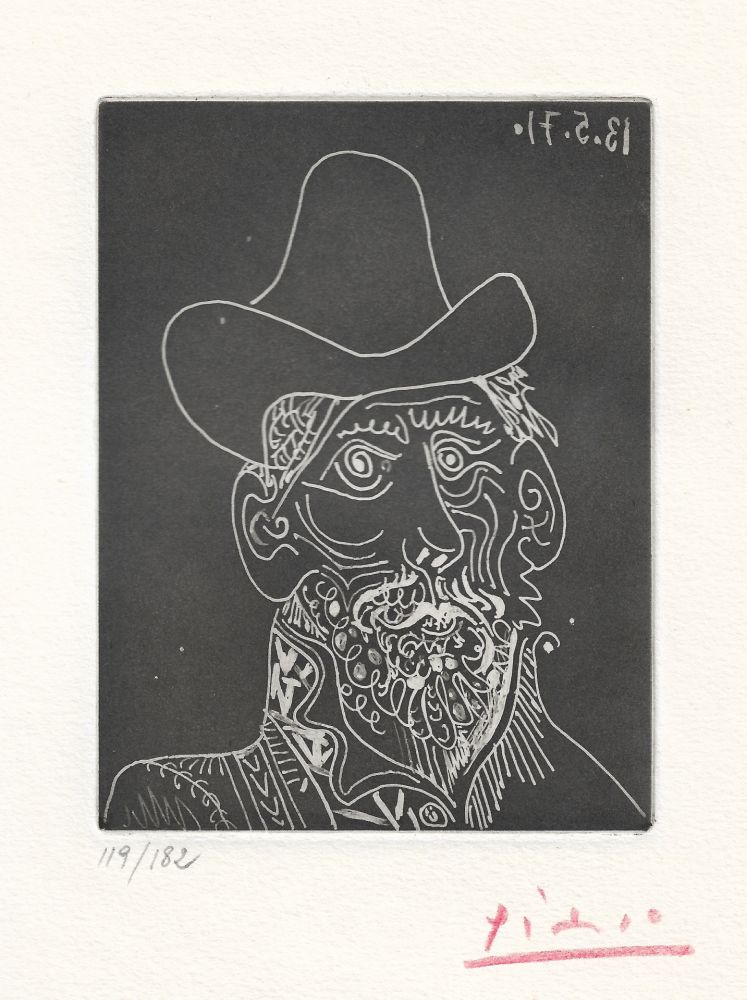 Acquatinta Picasso -  Buste d'homme barbu au chapeau 
