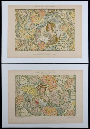 Litografia Mucha - Byzantine & Langage des Fleurs, c. 1900 - Rare set of 2 original lithographs!