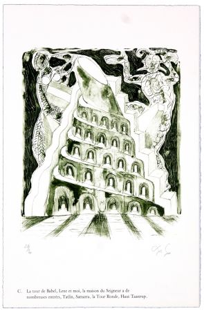 Litografia Nørgaard - C. La tour de Babel, Lene et moi, la maison du Seigneur à de nombreuses entrées, Tatlin, Samarra, la Tour Ronde, Haut Taastrup