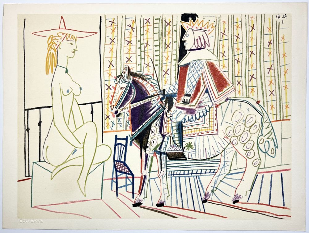 Litografia Picasso - Cavalier costumé et modèle 2 (La Comédie Humaine - Verve 29-30. 1954).