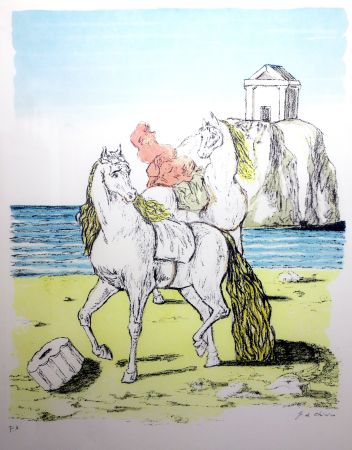 Litografia De Chirico - Cavalli con tempio