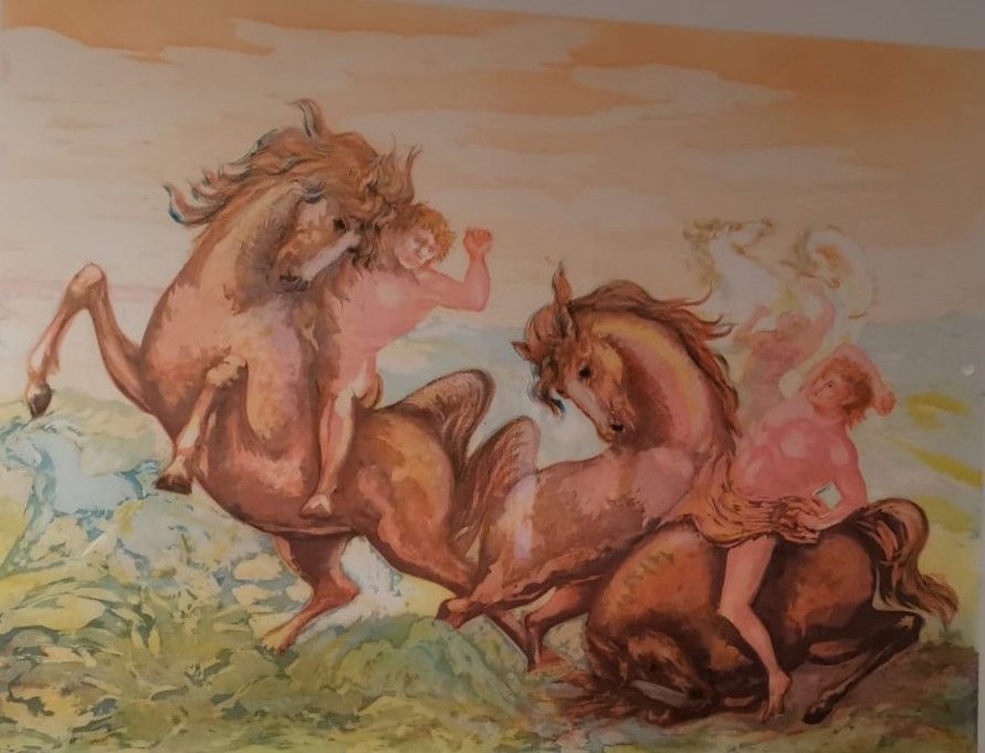 Litografia Sassu - Cavalli e cavalieri