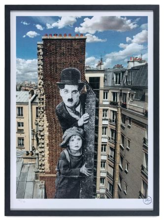 Litografia Jr - Charlie Chaplin revu par JR, The Kid, Charlie Chaplin & Jackie Coogan, USA, 1923, de jour, Paris