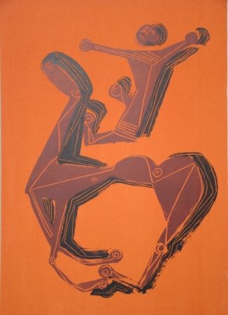 Litografia Marini - Cheval et cavalier sur fond orange