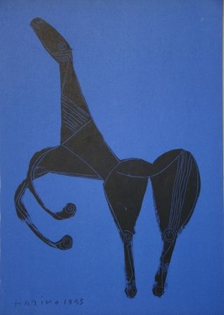 Litografia Marini - Cheval sur fond bleue