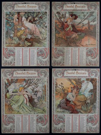 Litografia Mucha - Chocolat Masson / Chocolat Mexicain, 1897 - A set of four original lithographs in colors