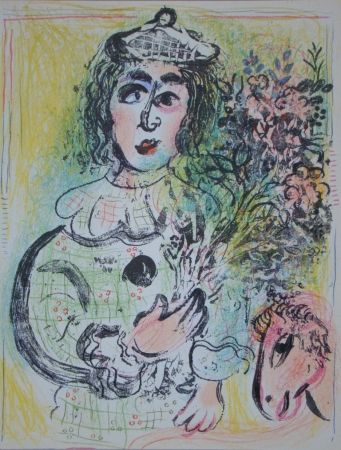 Litografia Chagall - Clown avec des fleurs