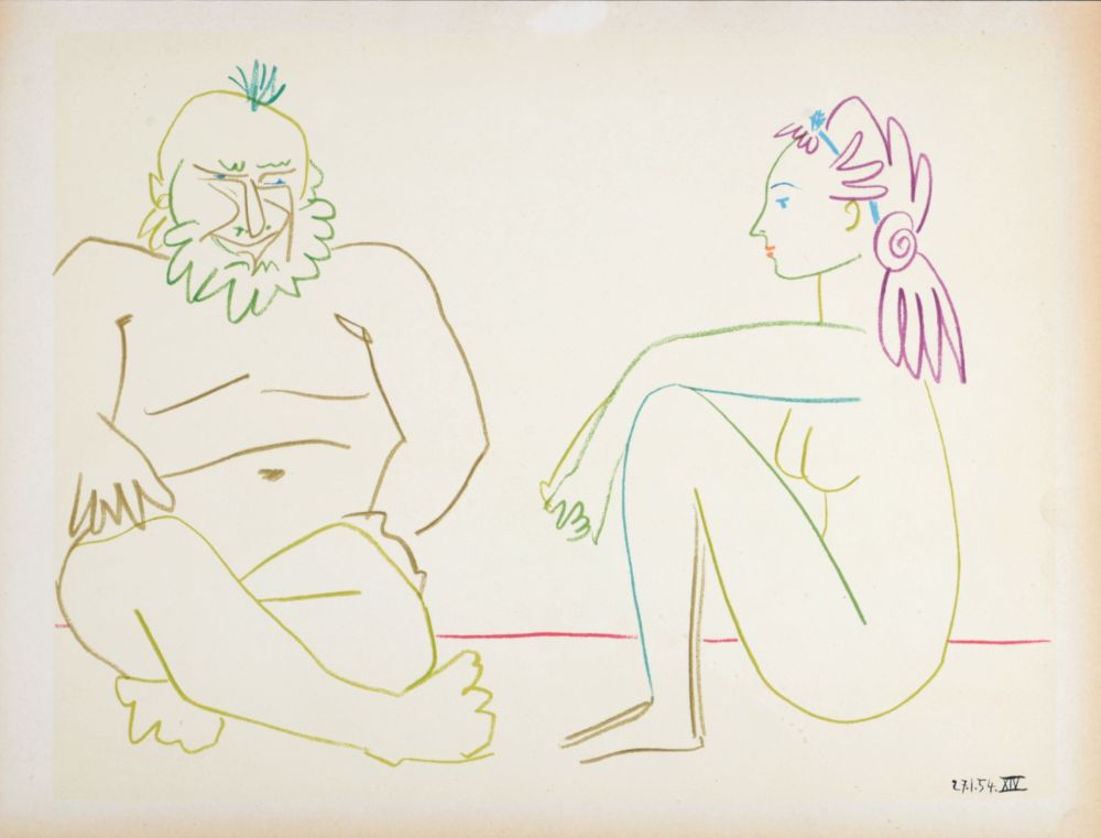 Litografia Picasso - Clown & nude woman, 1954