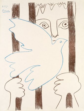 Manifesti Picasso - Colombe Bleue Volant devant des Barreaux