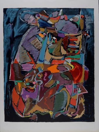 Litografia Lanskoy - Composition sur fond bleu, c. 1968 - Hand-signed