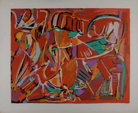 Litografia Lanskoy - Composition sur fond rouge, circa 1968 - Hand-signed