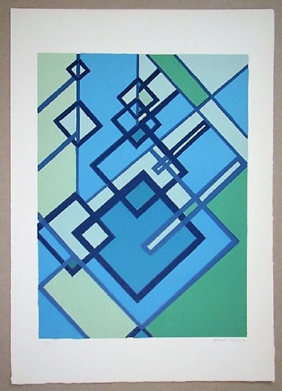 Litografia Radice - Compositione astratta blu verde