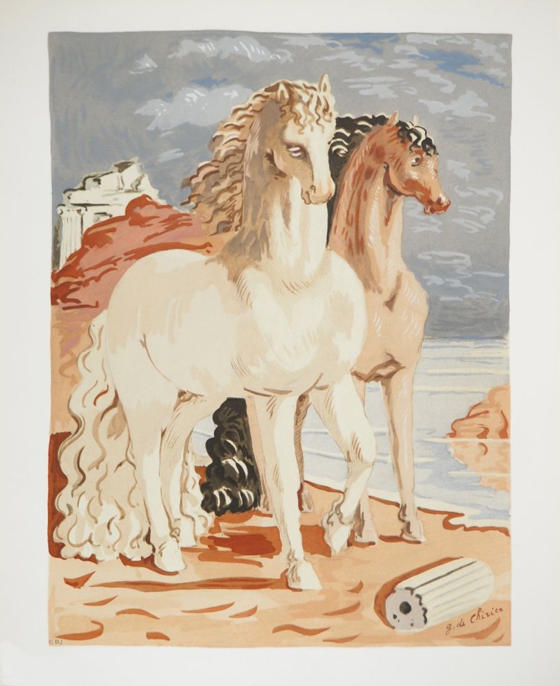 Litografia Chirico (De) - Couple de chevaux dans un paysage mythologique, c