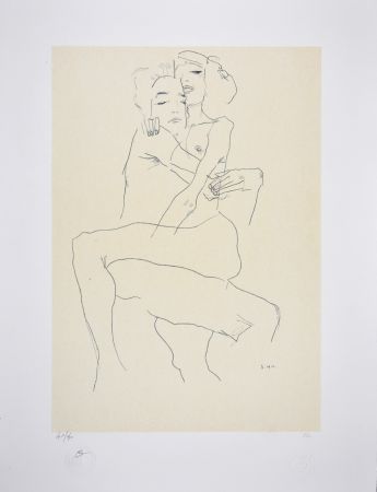 Litografia Schiele - Couple enlacé / couple embracing - 1911