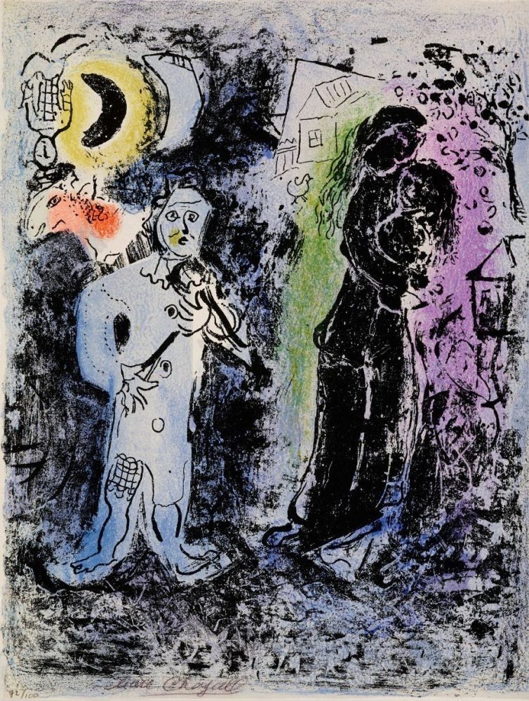 Litografia Chagall - Couple noir au musicien