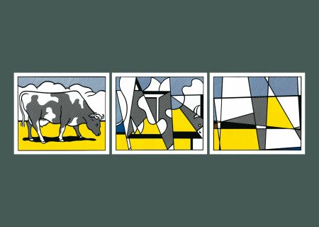 Litografia Lichtenstein - 'Cow Going Abstract' 1982 Offset-lithograph Triptych Set