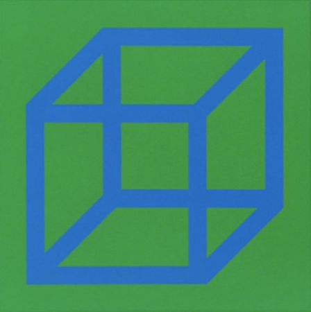 Linoincisione Lewitt - Cubes in Color on Color (Green/Blue)
