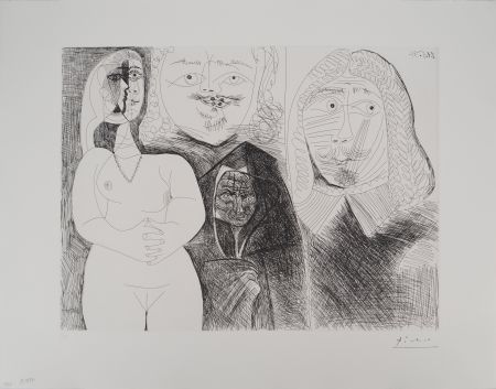 Incisione Picasso - Célestine et fille, avec deux hommes en costume du XVIe siècle