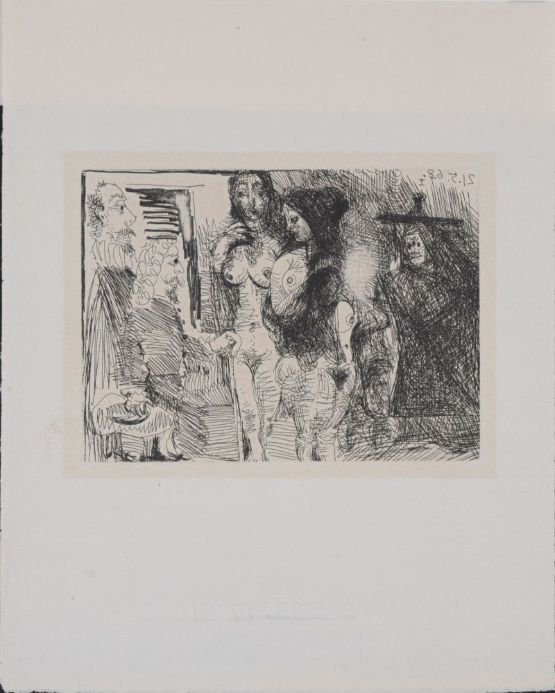 Incisione Picasso - Célestine présentant ses deux pensionnaires à deux clients, 1971