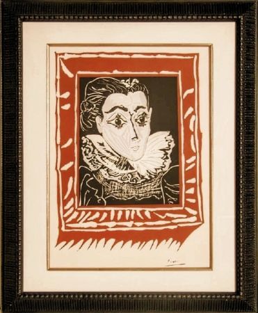 Litografia Picasso -  Dame à la collerette (Lady with the collar),  Jacqueline - Original Linocut on Arches paper, 1963