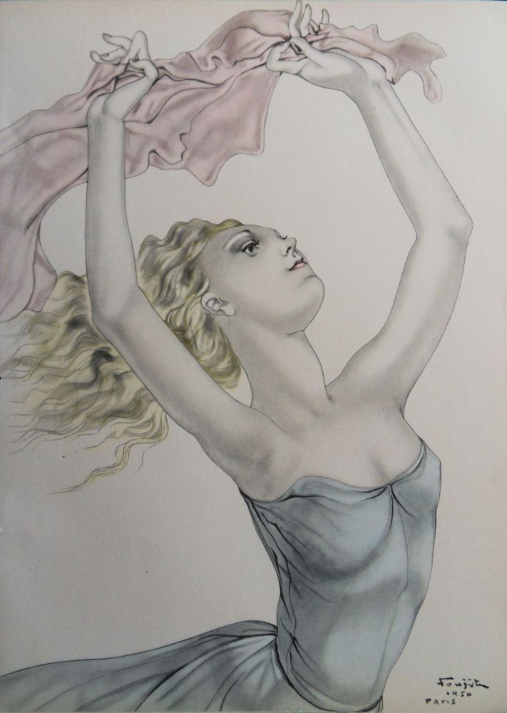 Litografia Foujita - Danseuse en foulard rose