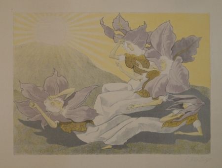 Litografia Kreidolf - Der Blumen Erwachen. Vier liegende Clematis-Mädchen erwachen bei der aufgehenden Sonne. 