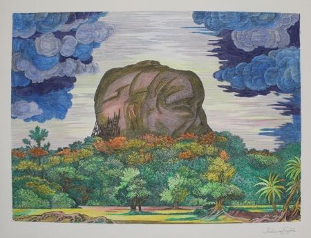 Litografia Von Gugel - Der Fels von Sigiriya bei Tag / The Rock of Sigiriya at Daytime