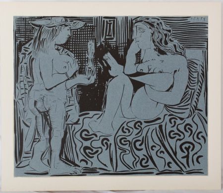 Linoincisione Picasso - Deux femmes au flacon de parfum