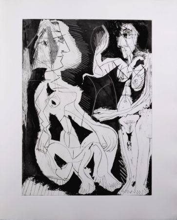 Acquatinta Picasso - Deux femmes au miroir, 1966 - A fantastic original large-size etching (Aquatint) by the Master!