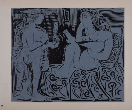 Linoincisione Picasso - Deux femmes avec un vase à fleurs, 1962