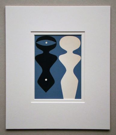 Incisione Su Legno Arp - Deux figures sur fond bleu