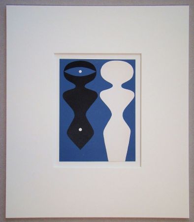 Incisione Su Legno Arp - Deux figures sur fond bleu