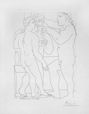 Incisione Picasso - Deux hommes sculptes - Two male statues - Three Men Standing