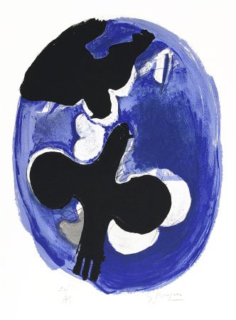 Litografia Braque - Deux oiseaux sur fond bleu (Two birds on a blue background)