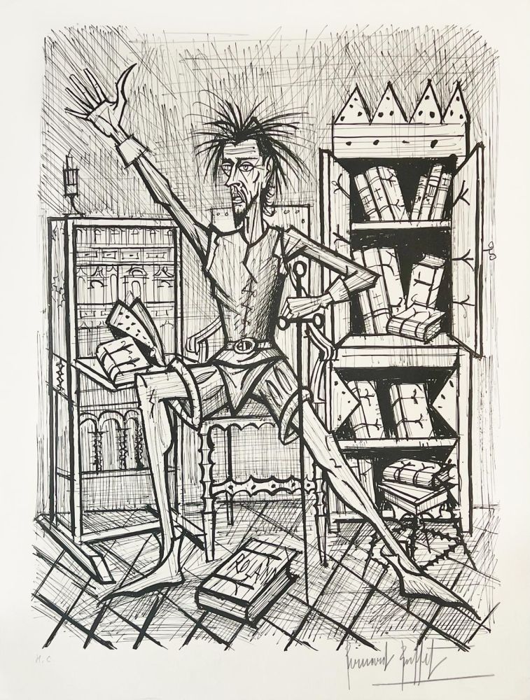 Litografia Buffet - Don Quichote dans la Bibliothèque 