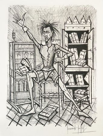 Litografia Buffet - Don Quichote dans la Bibliothèque 