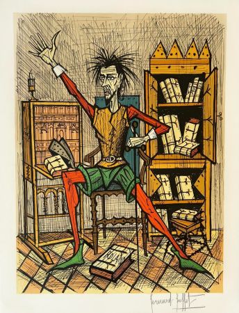 Litografia Buffet - Don Quichotte dans la Bibliothèque 