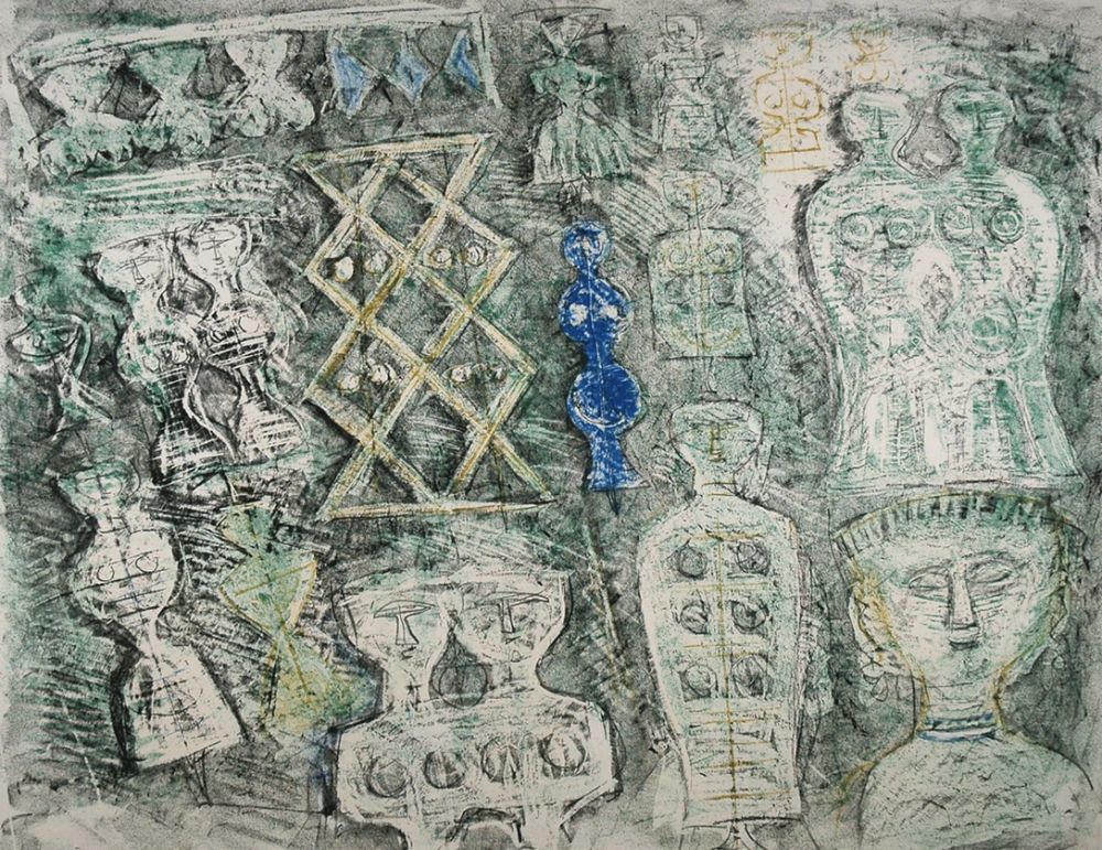 Litografia Campigli - Donna su fondo verde